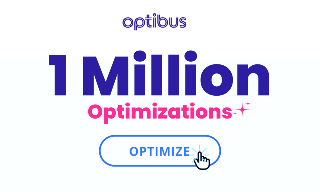 Optibus celebrates 1 million optimizations with a bold blue and pink design featuring an "Optimize" button, highlighting their achievement in transportation planning solutions.