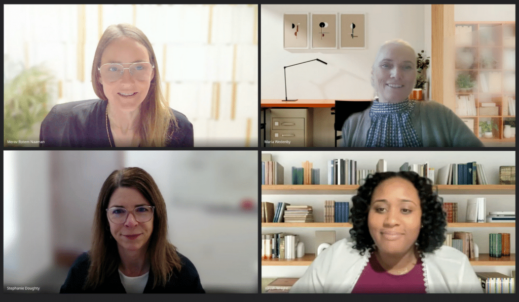Four professionals participate in a video conference call, each displayed in separate grid panels with their names labeled below: Merav Rotem Naamah, Maria Wedenby, Stephanie Doughty, and Rayah