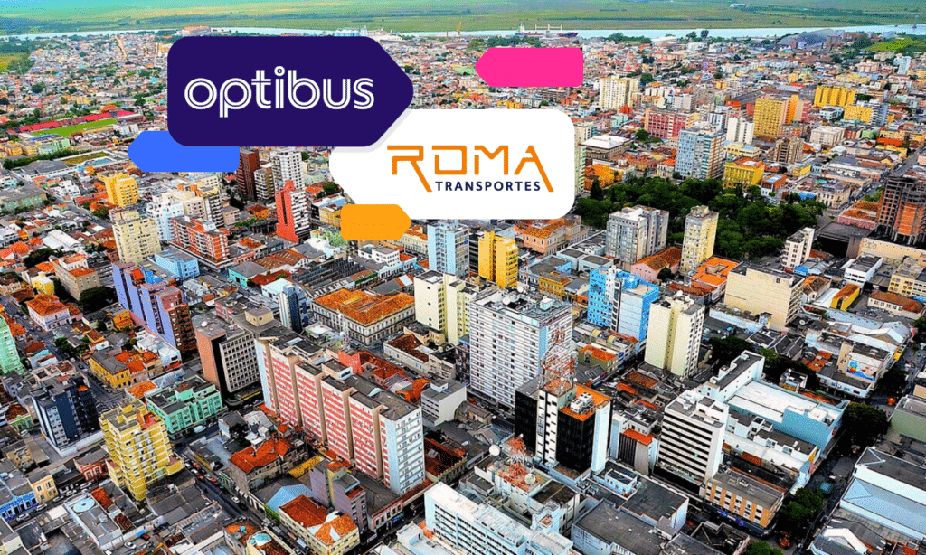 Optibus and Roma Transportes logos overlay an aerial cityscape view of a sprawling urban area with colorful residential buildings, showcasing a partnership between transportation technology and