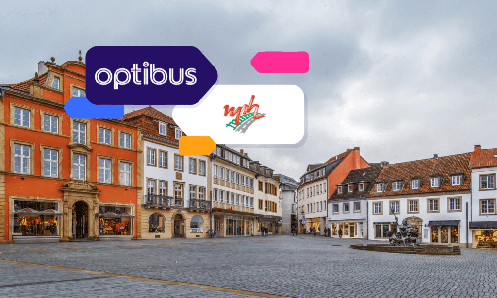 Optibus and Mobilebutz logos overlay a picturesque European town square lined with colorful historic buildings, showcasing urban transportation and retail service integration.