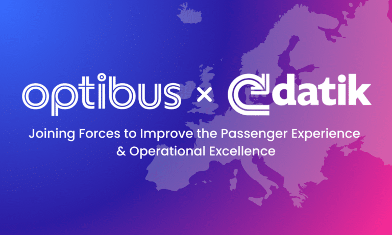 Optibus and Datik partnership announcement graphic highlighting their collaboration to enhance passenger experience and operational excellence across European transit networks.