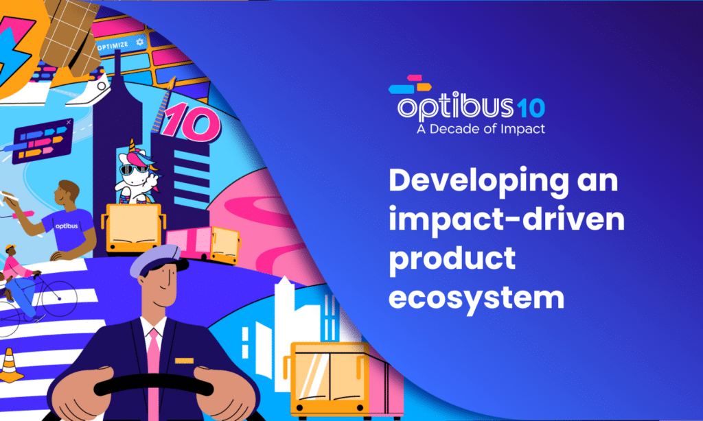 Optibus10 celebrates a decade of impact with vibrant illustrations of logistics professionals and delivery workers, highlighting their mission to develop an impact-driven product ecosystem for