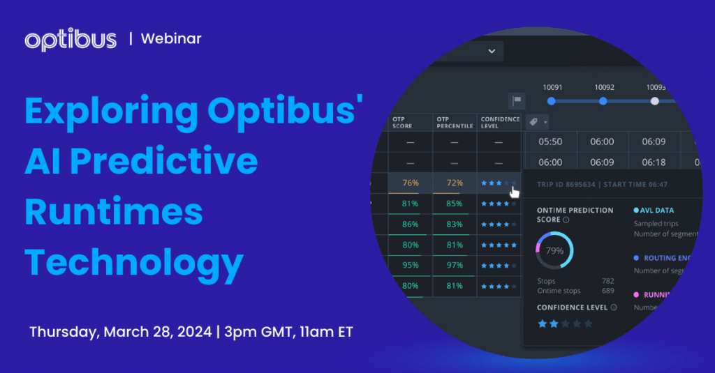 Optibus webinar promotional banner showcasing AI predictive runtimes technology, scheduled for Thursday, March 28, 2024 at 3pm GMT with analytics dashboard displaying OTP scores and confidence