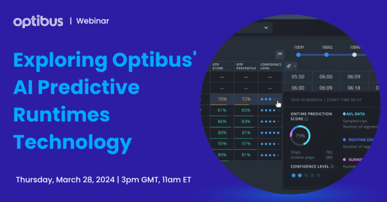 Optibus webinar promotional banner showcasing AI predictive runtimes technology, scheduled for Thursday, March 28, 2024 at 3pm GMT with analytics dashboard displaying OTP scores and confidence