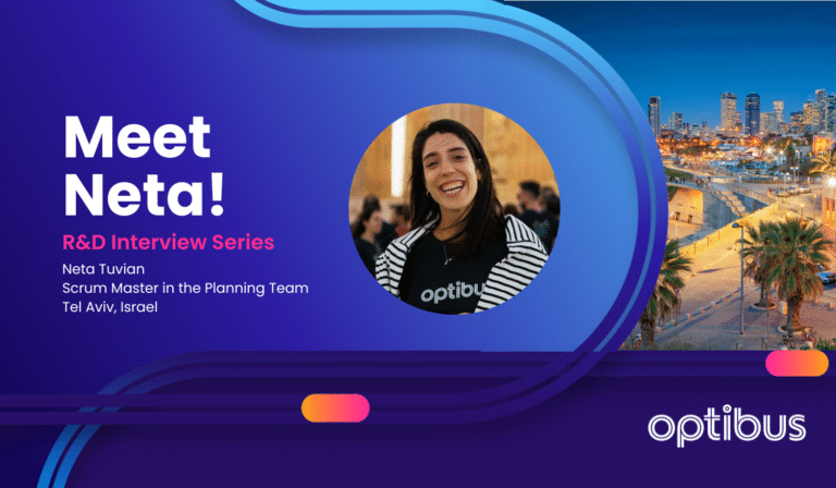Meet Neta Tuvian, Scrum Master in the Planning Team at Optibus in Tel Aviv, Israel, featured in an R&D Interview Series presentation with Tel Aviv cityscape background.