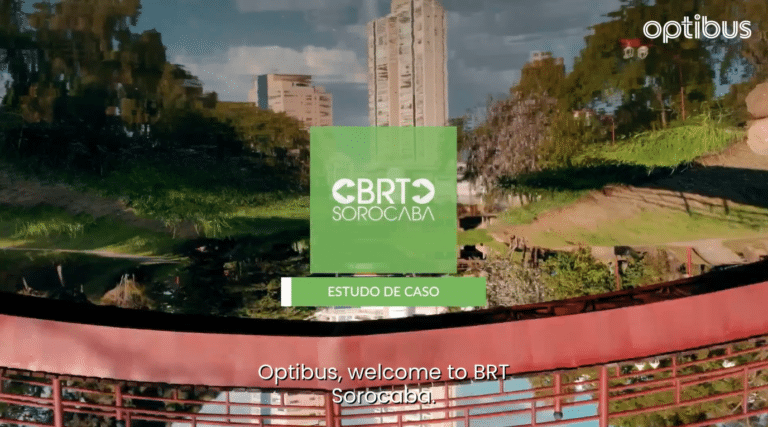 Optibus case study presentation for BRT Sorocaba transit system, featuring urban landscape with green corridor and high-rise buildings in Brazil.