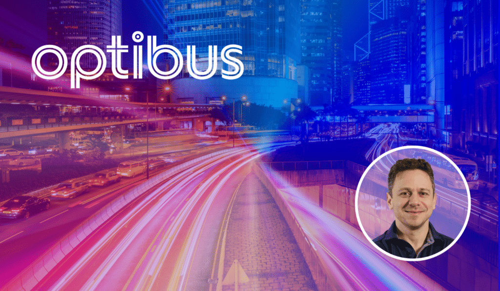 Optibus branding graphic featuring a futuristic cityscape with light trails and a professional headshot, representing modern transportation technology and leadership in urban mobility solutions.