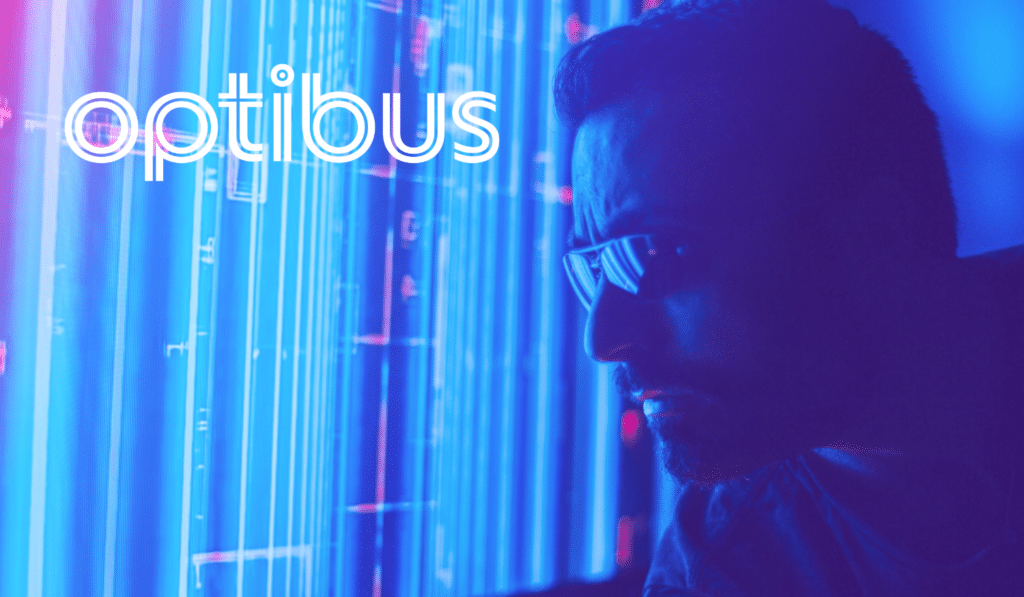 Person wearing futuristic glasses stands before glowing blue neon vertical lines, with "optibus" text displayed overhead in a cyberpunk aesthetic setting.