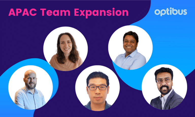 Optibus announces APAC team expansion with five new professional headshots displayed in circular frames against a purple and blue gradient background.