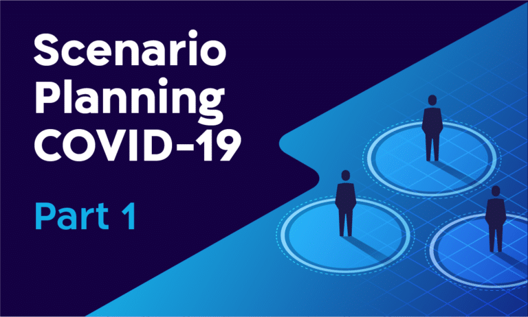 Scenario Planning COVID-19 Part 1 presentation cover featuring silhouetted figures in protective bubbles on a blue digital grid background, representing social distancing and pandemic