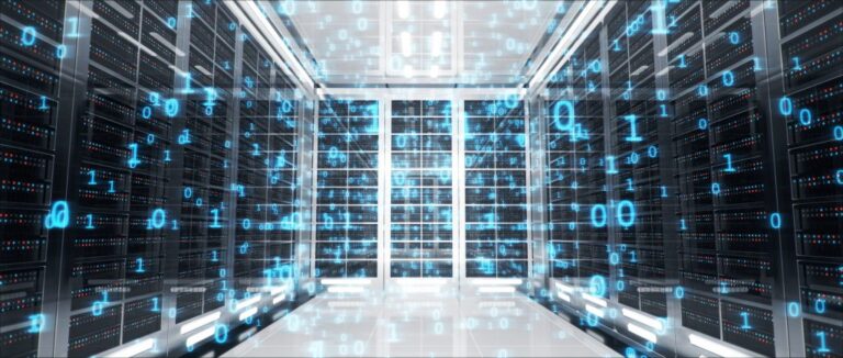 Modern data center with server racks lined with glowing blue binary code, representing digital infrastructure, cloud computing, and advanced technology networks.