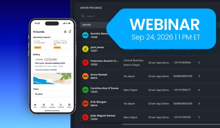 Driver logistics platform interface showing upcoming delivery requests and driver progress dashboard with team member assignments scheduled for September 24, 2026 webinar.