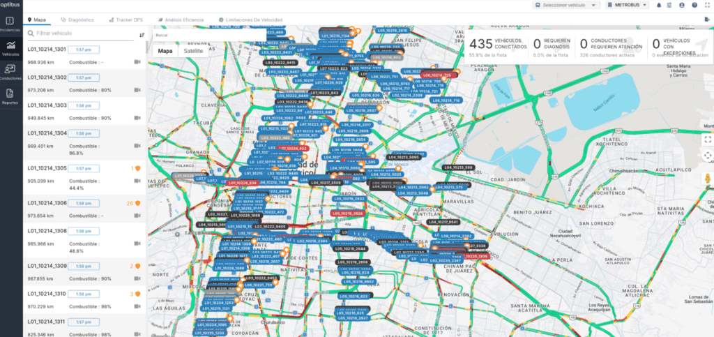 Optibus fleet management dashboard displaying real-time GPS tracking of 435 connected buses across a city map with vehicle locations, routes, fuel levels, and driver status metrics.