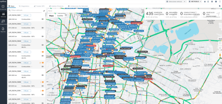 Optibus fleet management dashboard displaying real-time GPS tracking of 435 connected buses across a city map with vehicle locations, routes, fuel levels, and driver status metrics.