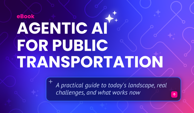 EBook cover for "Agentic AI for Public Transportation" featuring a futuristic purple gradient design with circuit patterns. The subtitle promises a practical guide to current landscape, real