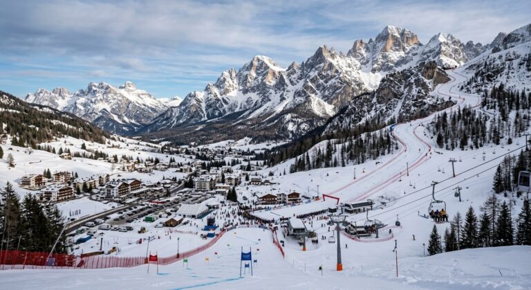 Alpine ski resort nestled in snowy Dolomite mountains with professional racing slopes, chairlifts, and charming village buildings below dramatic peaks.