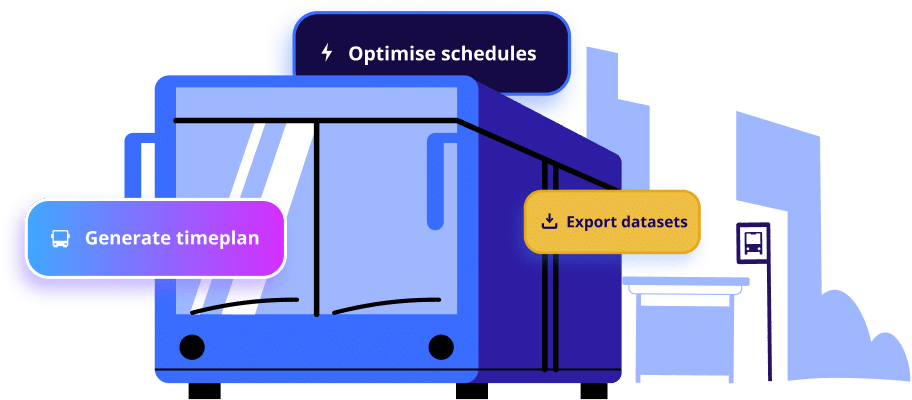 Transit management software interface featuring three key functions: Generate timeplan, Optimize schedules, and Export datasets, displayed with an illustrated blue bus and building backdrop.