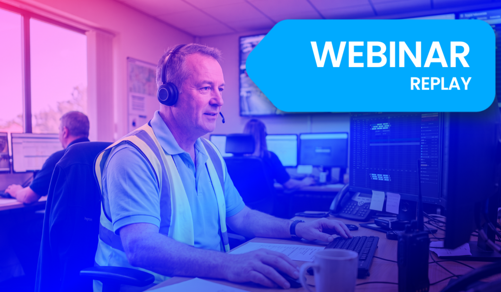 Professional man wearing headset works at computer in modern control room. Blue and pink neon lighting highlights the tech-focused environment with webinar replay overlay.