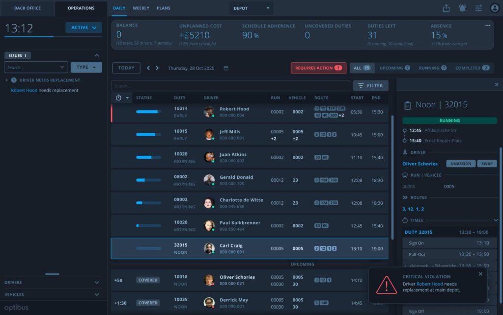 Transit operations dashboard displaying daily duty schedules for Thursday, October 28, 2020, with driver assignments, vehicle routes, and real-time tracking status for multiple scheduled runs