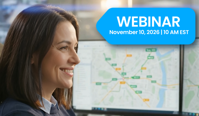 Professional woman smiling while viewing a network map on a monitor during a webinar scheduled for November 10, 2026 at 10 AM EST.